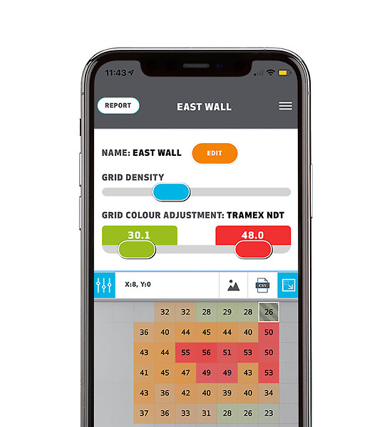 Tramex grid moisture map with dry and wet readings